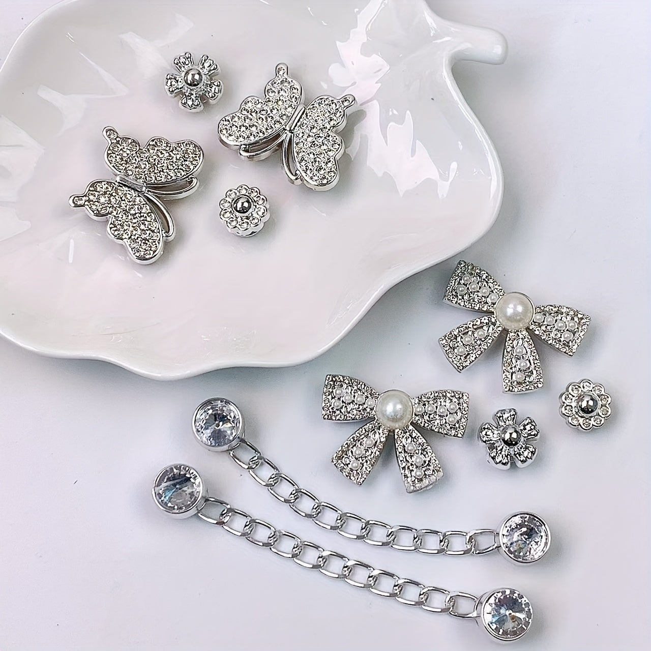 Women Silvery Bow Sunflower Butterfly Shoe Accessories Set for Clogs Sandals
