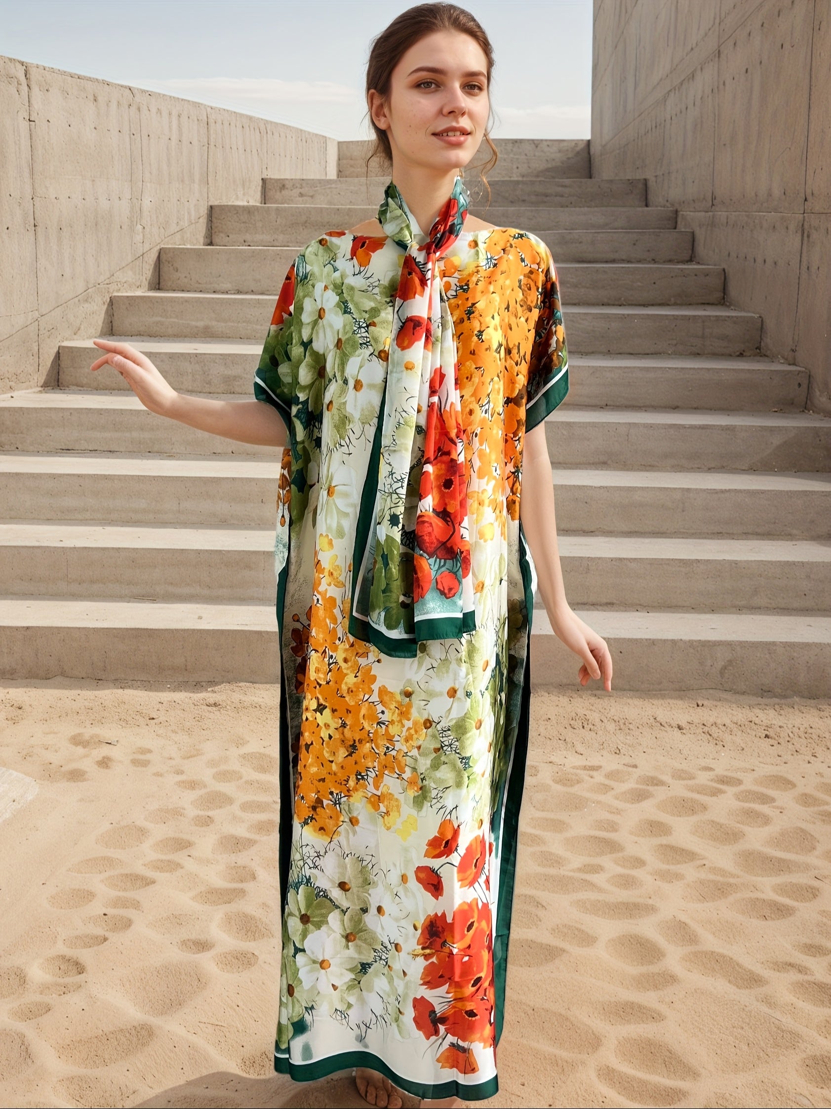 Vestido largo de talla grande para mujer con estampado floral, manga larga, boho chic