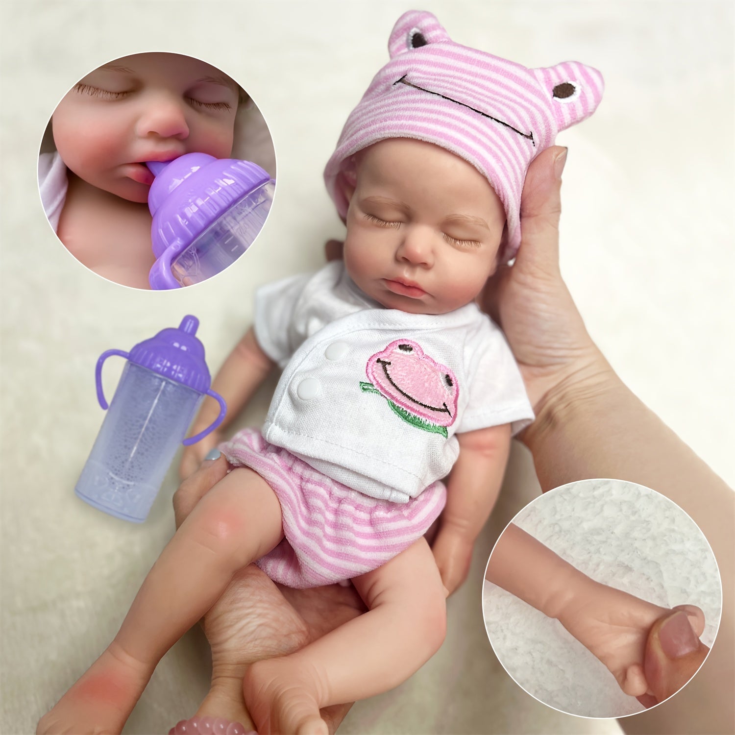 Reborn Doll 33cm Silicone Waterproof Openable Mouth Feeding Accessory Pink Outfit for Kids