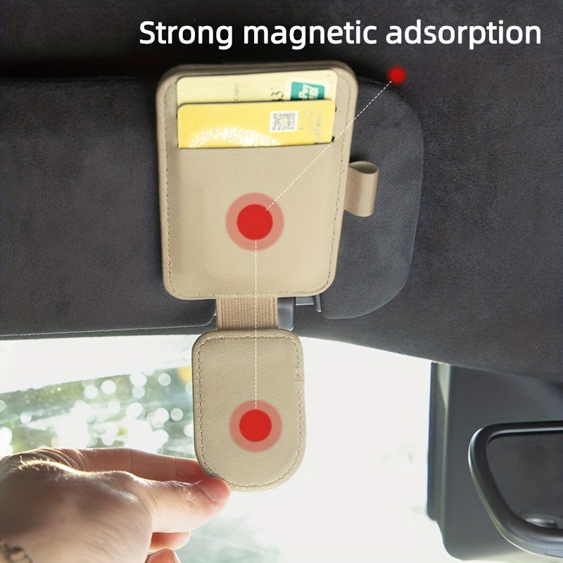Faux Leather Car Sunglass Holder with Magnetic Clip and Card Storage