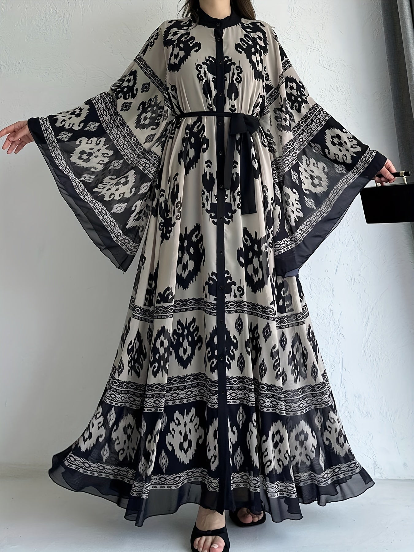 Allover Print Belted Maxi Dress with Bell Sleeves and Pleats for Spring Fall Women