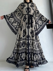 Allover Print Belted Maxi Dress with Bell Sleeves and Pleats for Spring Fall Women