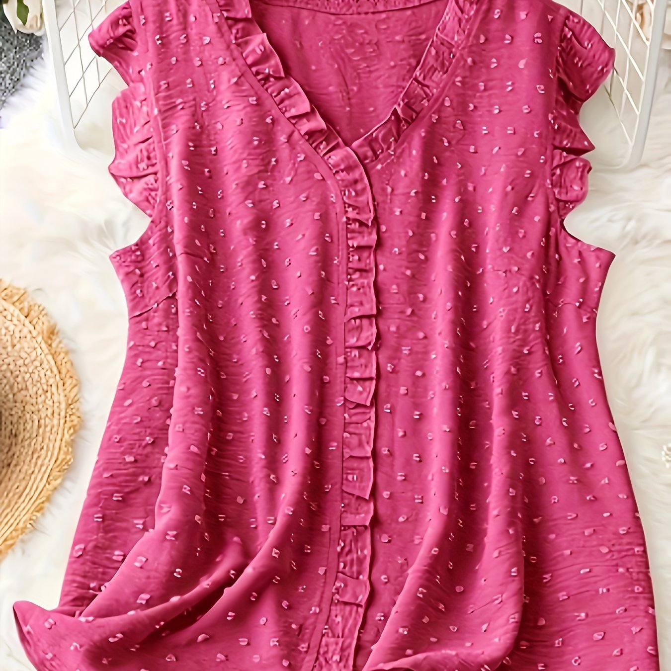 Plus Size Swiss Dot Blouse with Frill Trim V-Neck Summer Casual Women