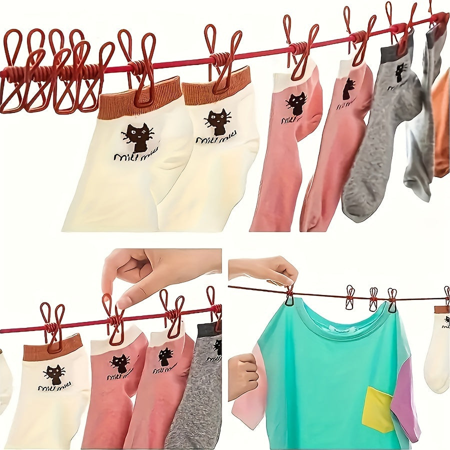 Conjunto de cuerda para tender con pinzas, cuerda elástica, alambre de metal, clips de PVC, para exteriores, línea de secado para viajes