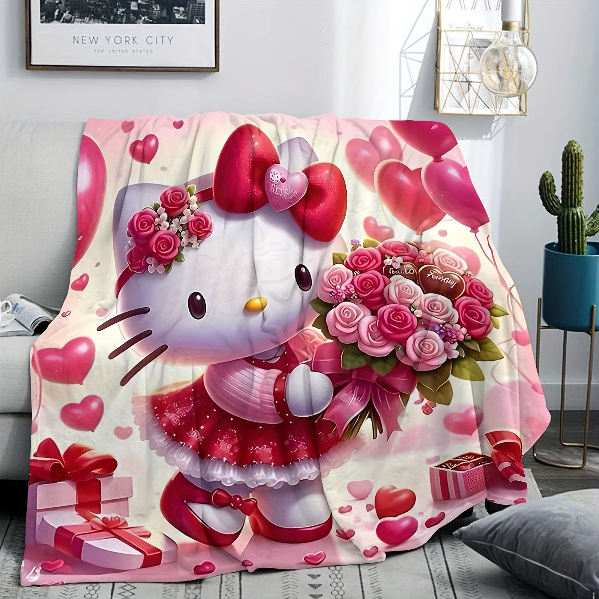 Kids Flannel Throw Blanket with Hello Kitty Digital Print Soft Plush Polyester All-Season Cozy Bed Sofa Use