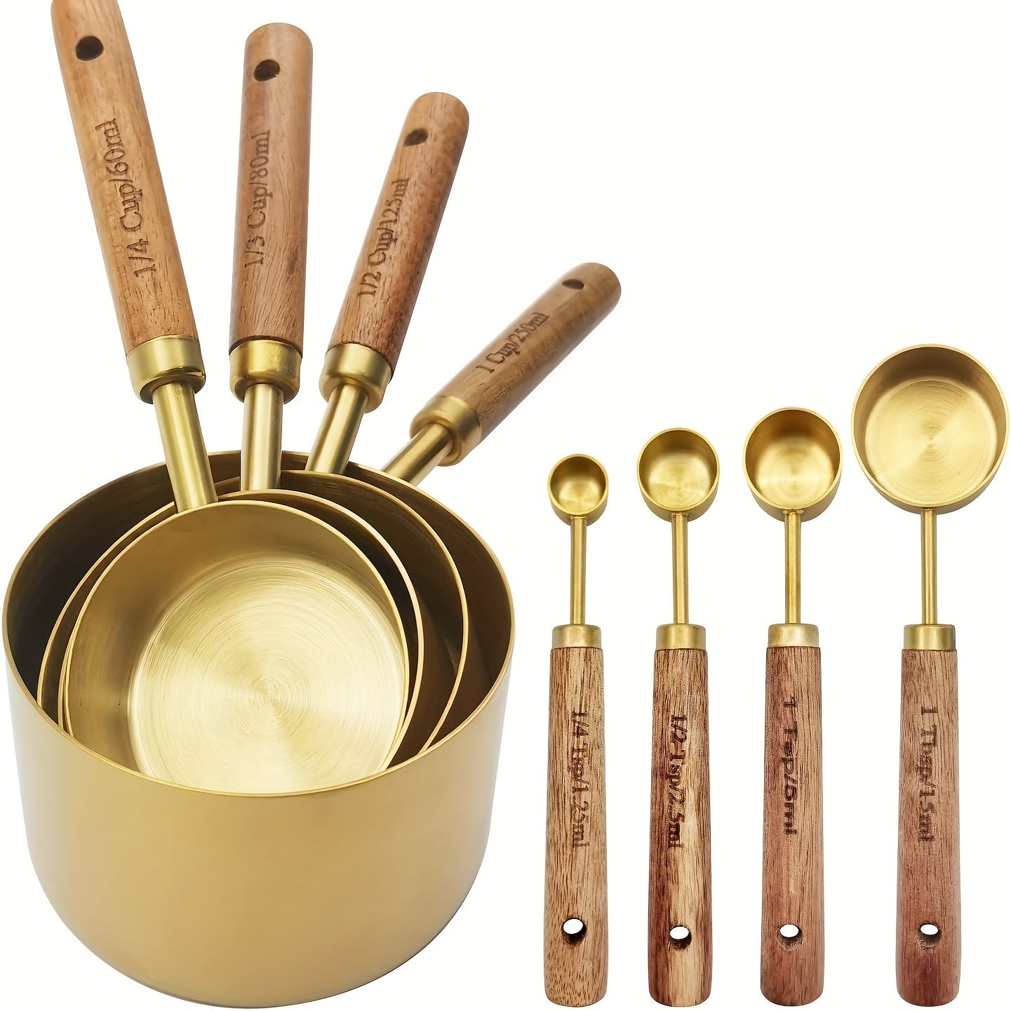 Set of 8 Golden Stainless Steel Measuring Cups and Spoons with Wooden Handles
