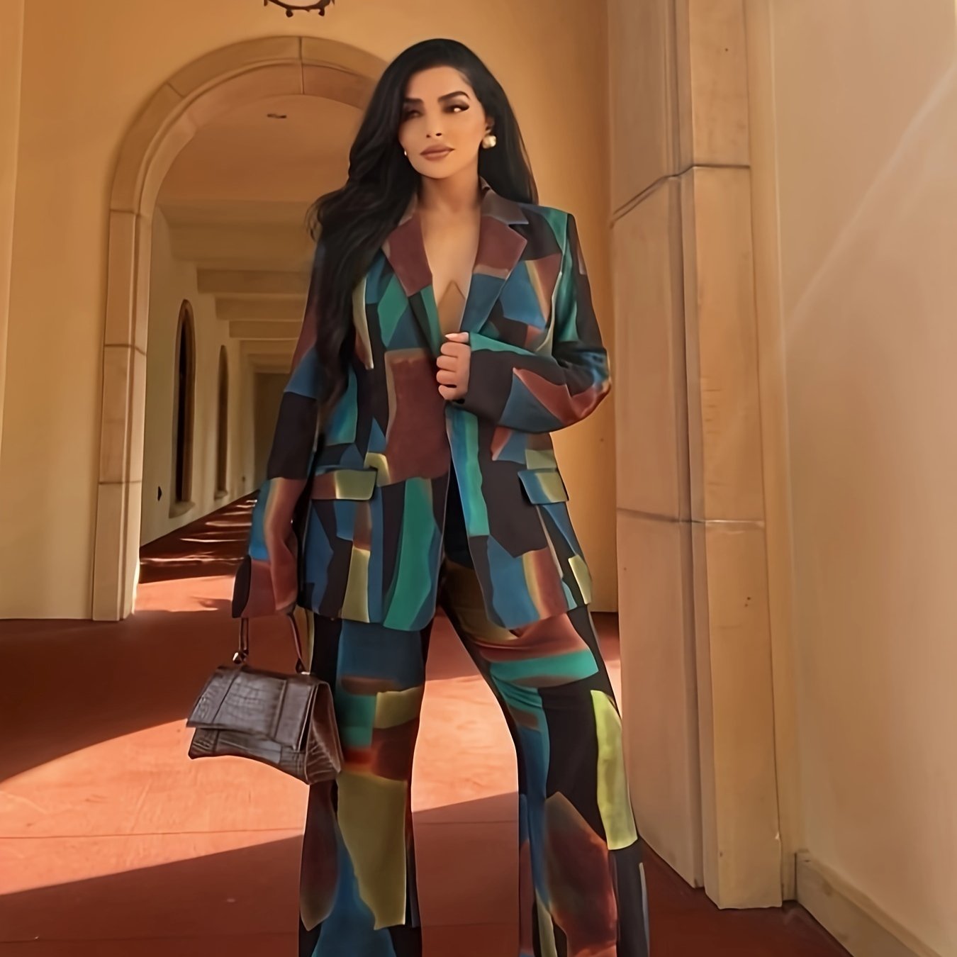 Plus Size Women's Color Block Suit Set Polyester Blazer Trousers Casual All Seasons