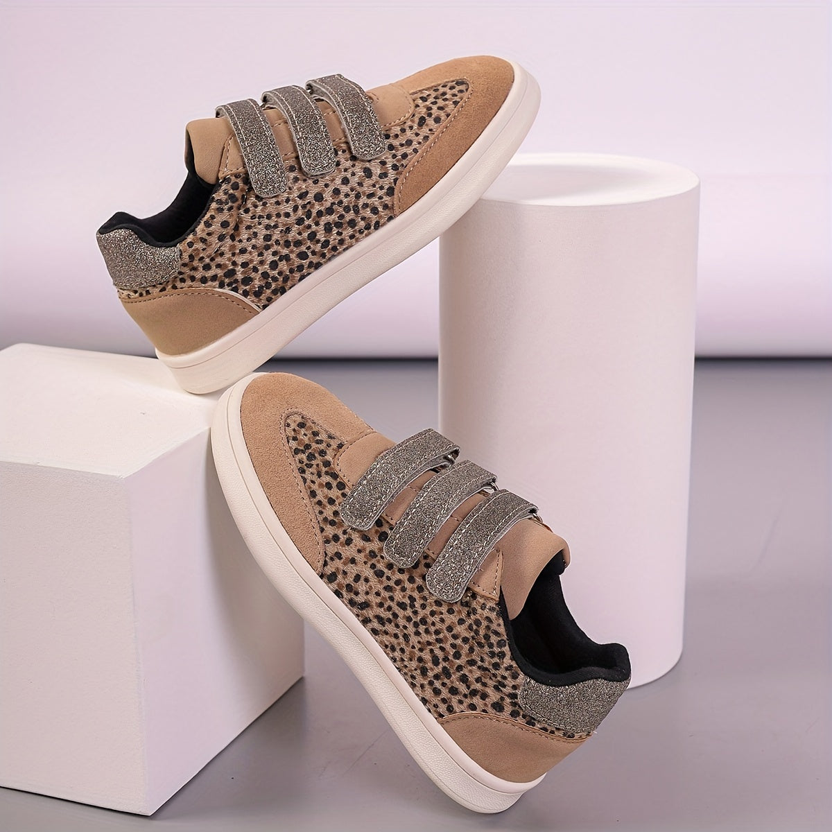 Kids' Animal Print and Beige Glitter Non-Slip Shoes with Hook-and-Loop Strap