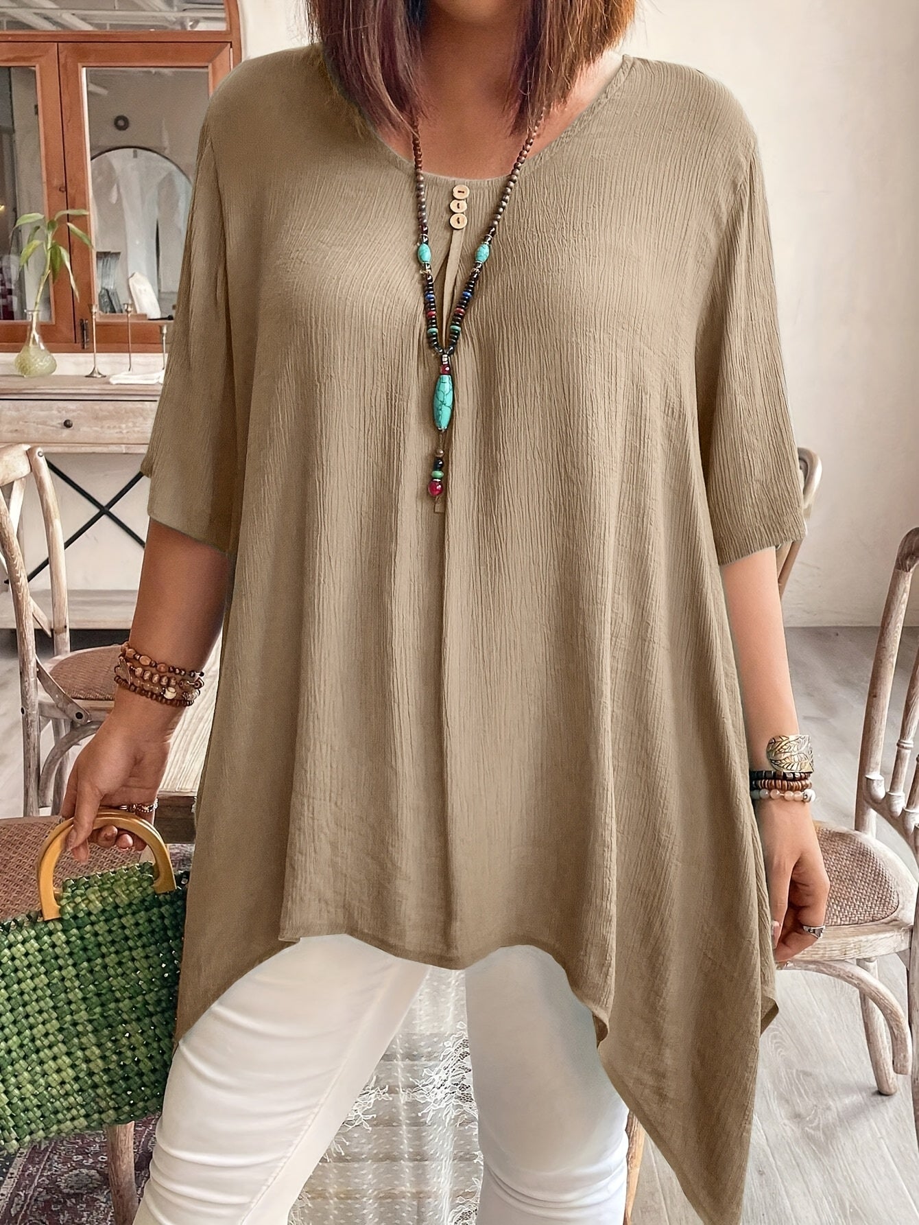 Women's Short Sleeve Shirt Casual Asymmetrical Hem Solid Color Blouse