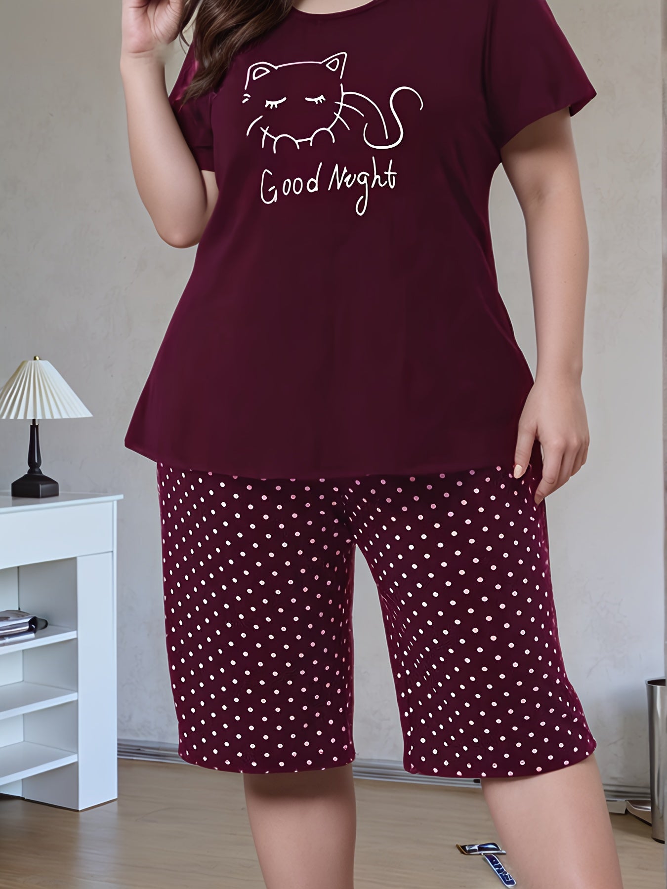 Women's Cotton Pajama Set Kitten Print Short Sleeve Sleepwear Large Size