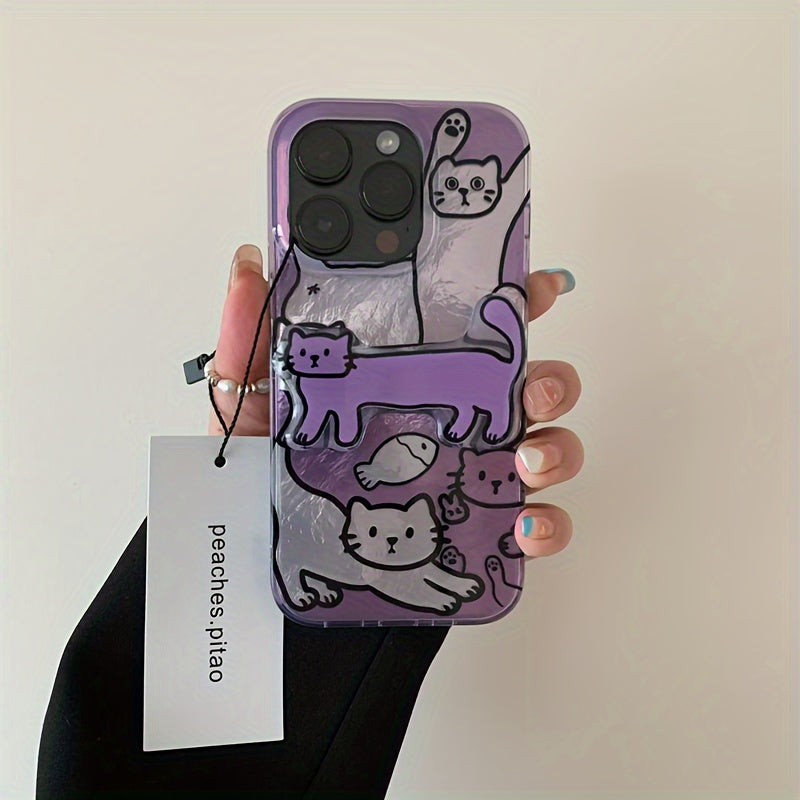 Purple Fish Cat Phone Case for iPhone 11-16 Pro Max with Folding Stand and Perforated Vortex Shell