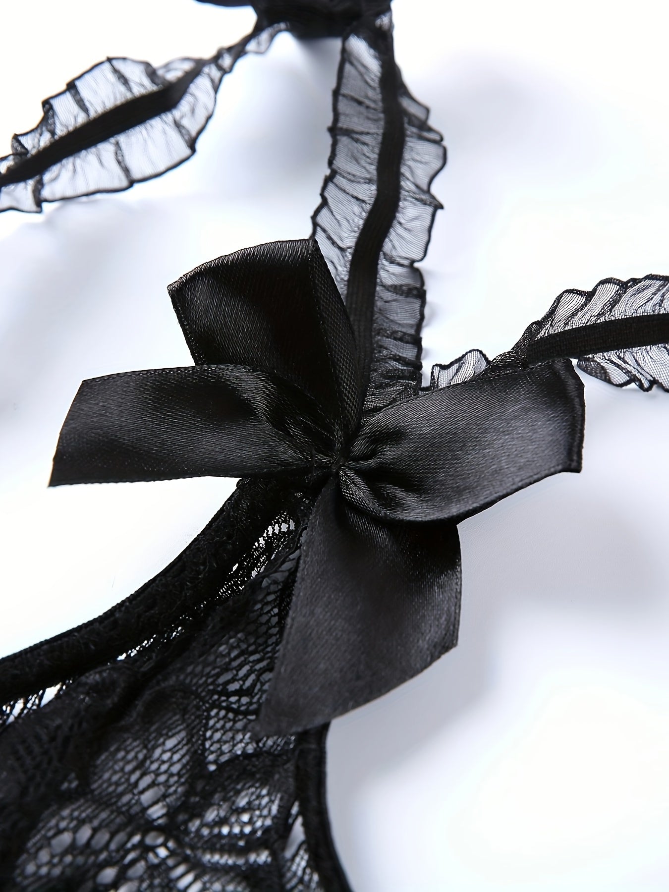 Women's Floral Lace Ruffle Trim Teddy Crotchless Bodysuit Lingerie