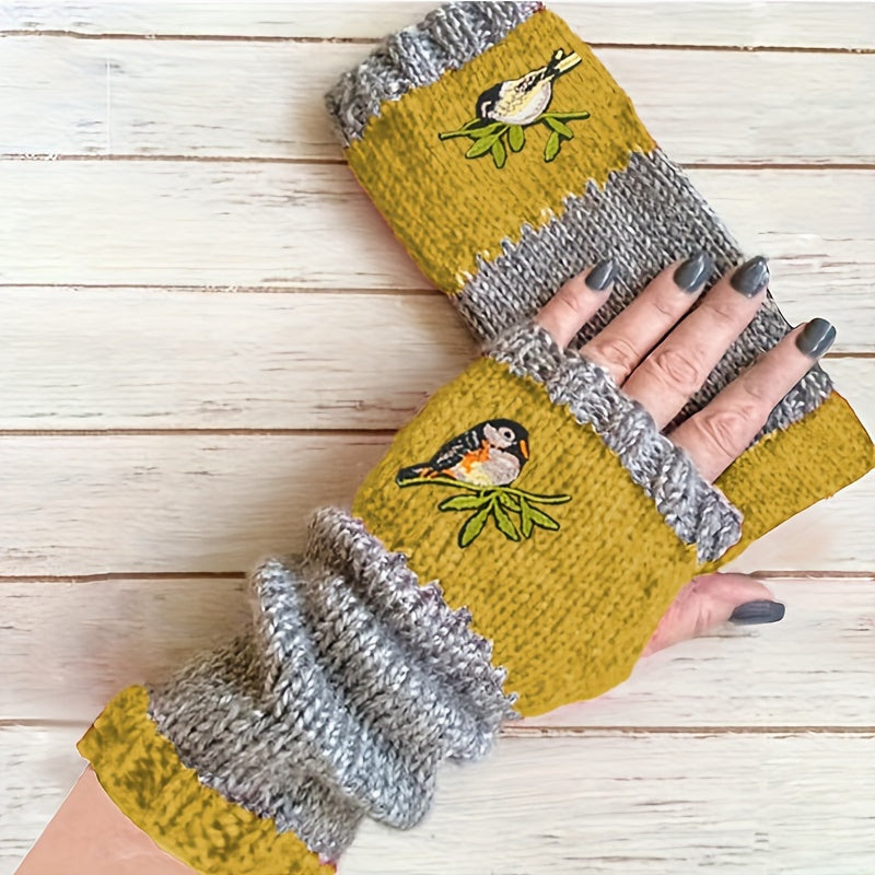 Warm Fingerless Gloves with Double Color Block Design and Hummingbird Embroidery