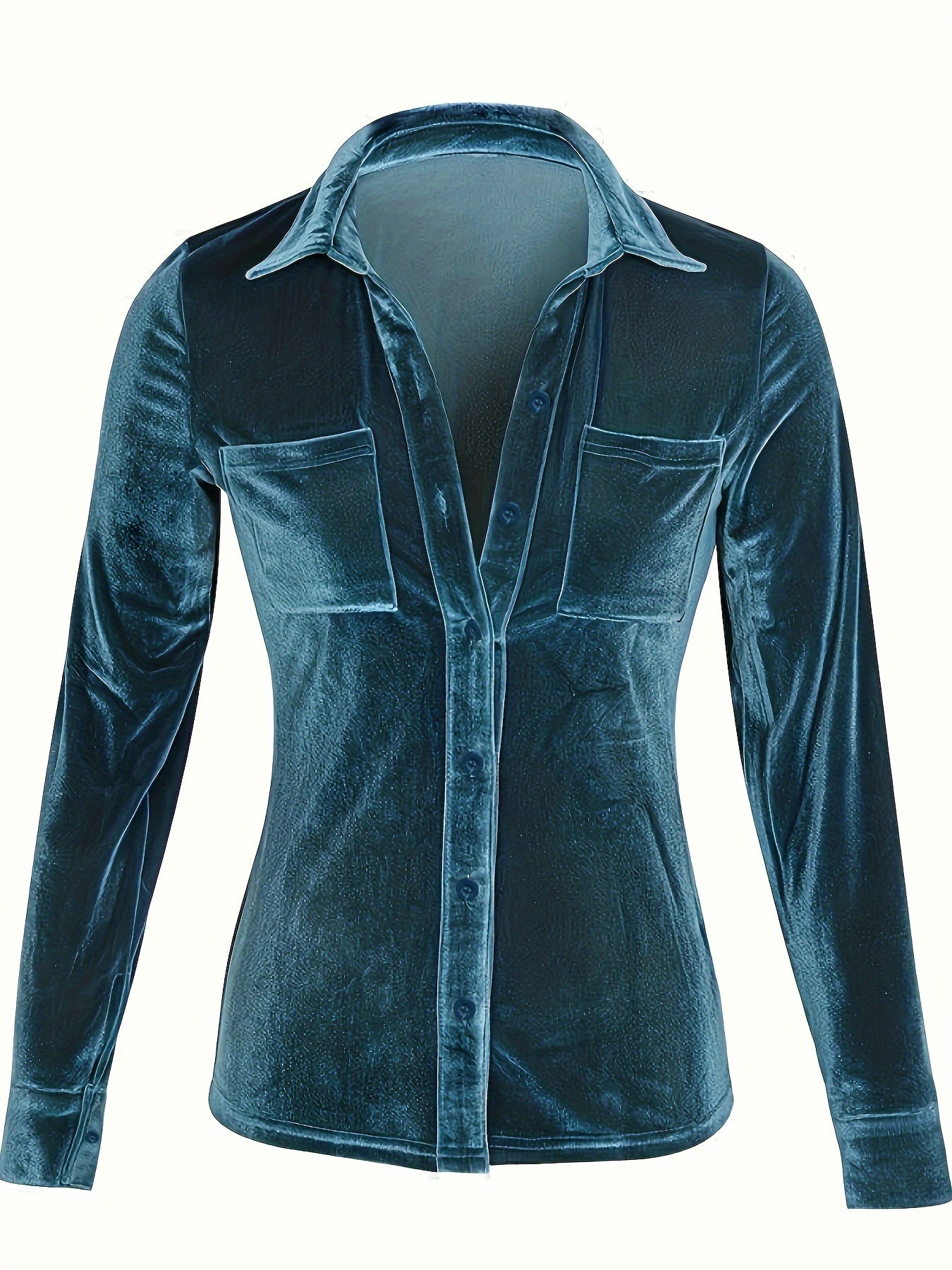 Camisa de manga larga para mujer de color sólido con bolsillo para primavera y otoño