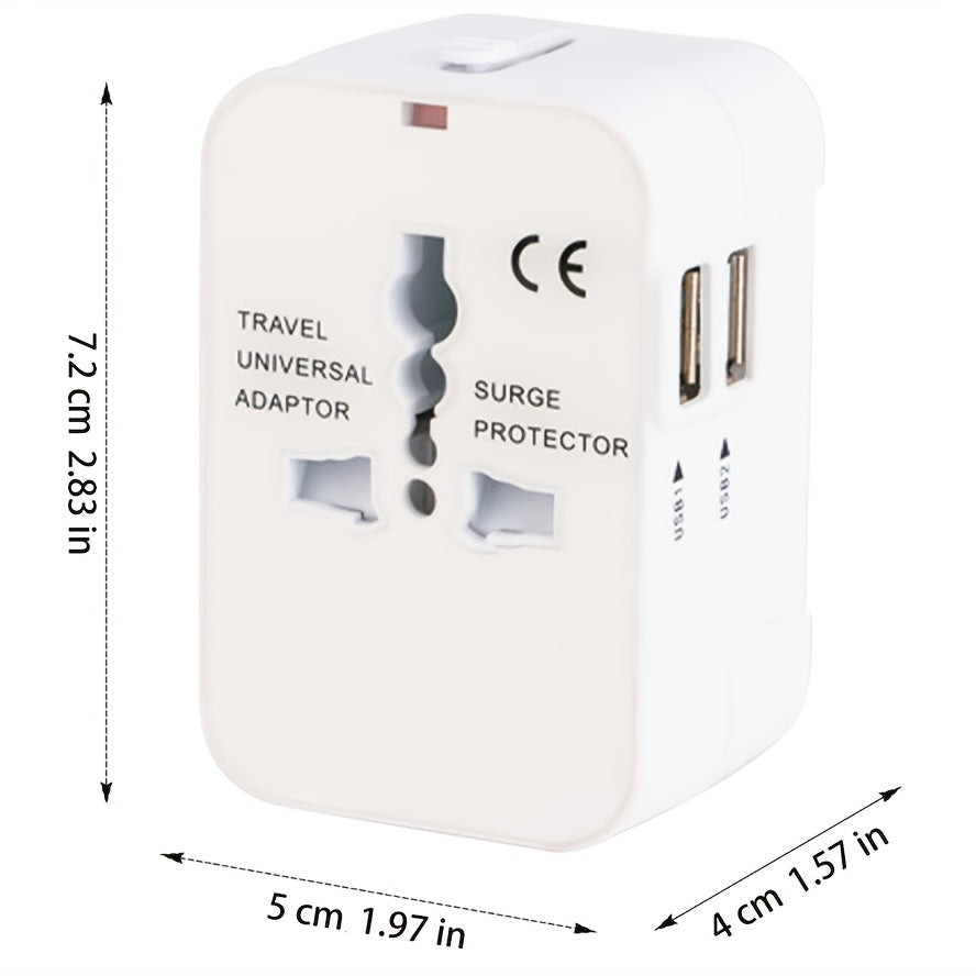 Adaptador de viaje con puertos USB duales para teléfonos y portátiles, compacto, 3 opciones de color, compatible con EE. UU., UE, Reino Unido y AU