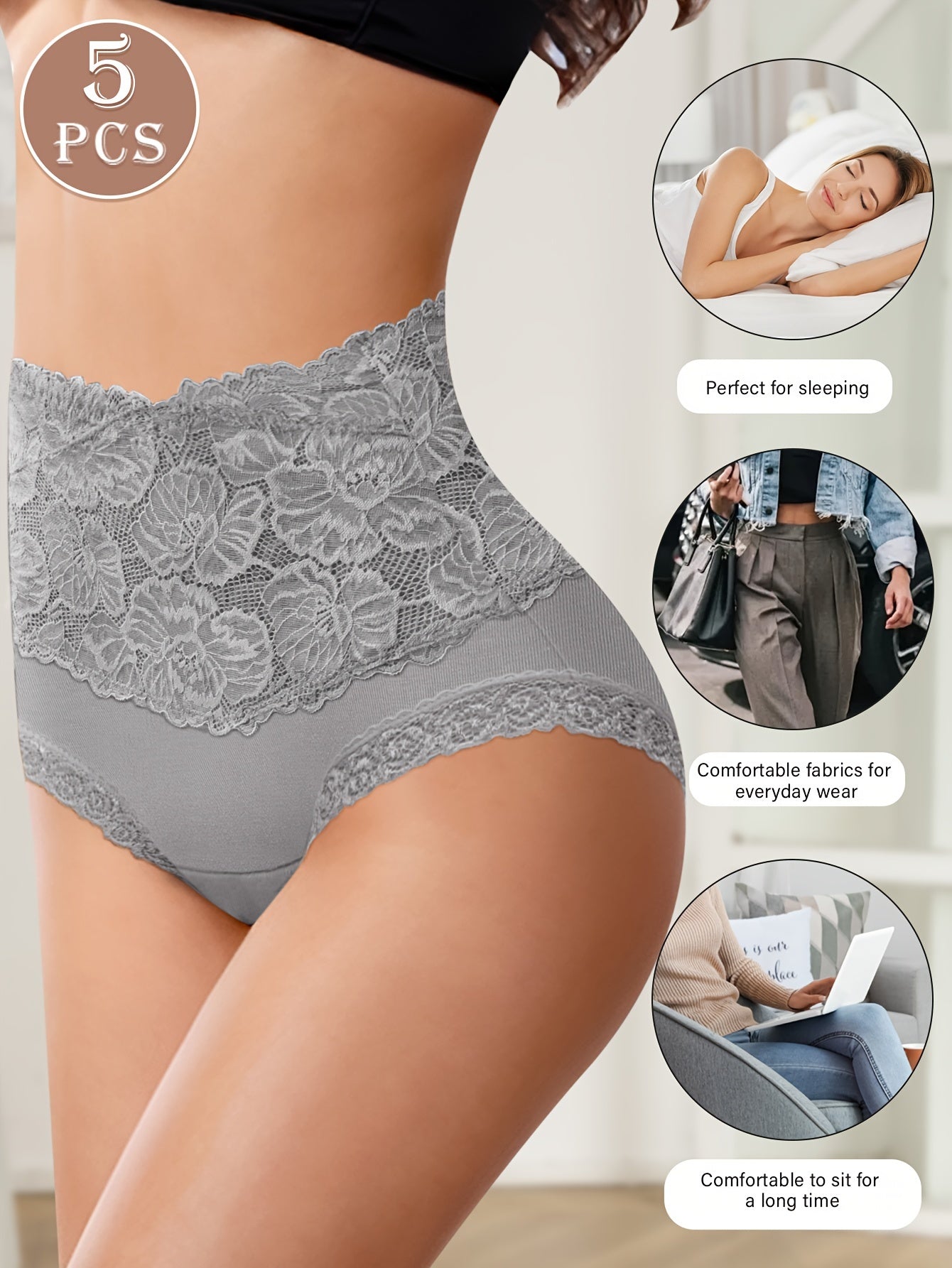 High-Waist Tummy Control Panties for Women Set of 5 Breathable Cotton Blend Green Pastel