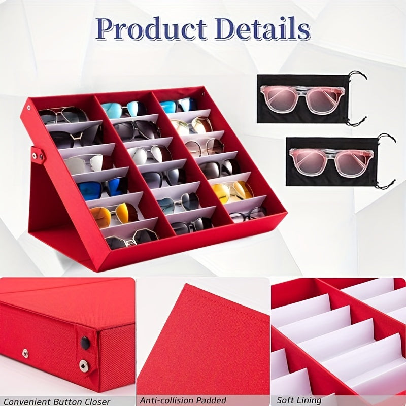 Women's Jewelry Storage Box with 18 Slots for Eyeglasses Artificial Leather Stand Purple Red Blue-Grey