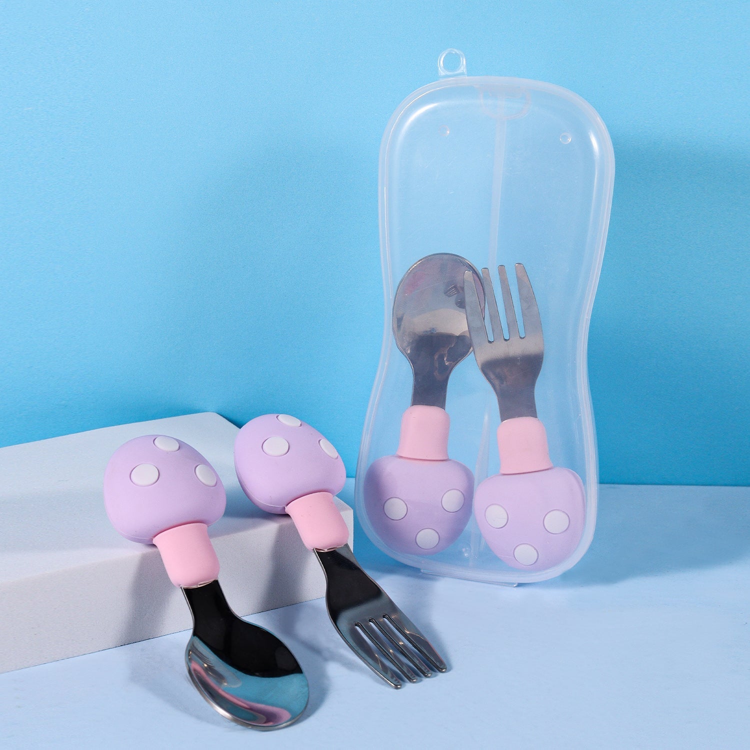 Baby Silicone Feeding Utensils Set with Mushroom Design Spoon and Fork
