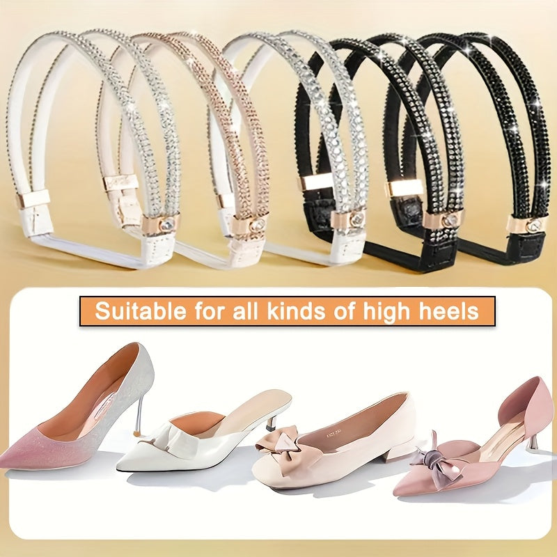 Women Rhinestone Heel Clips Elastic Faux Leather Non-Slip Laces 2 Pairs