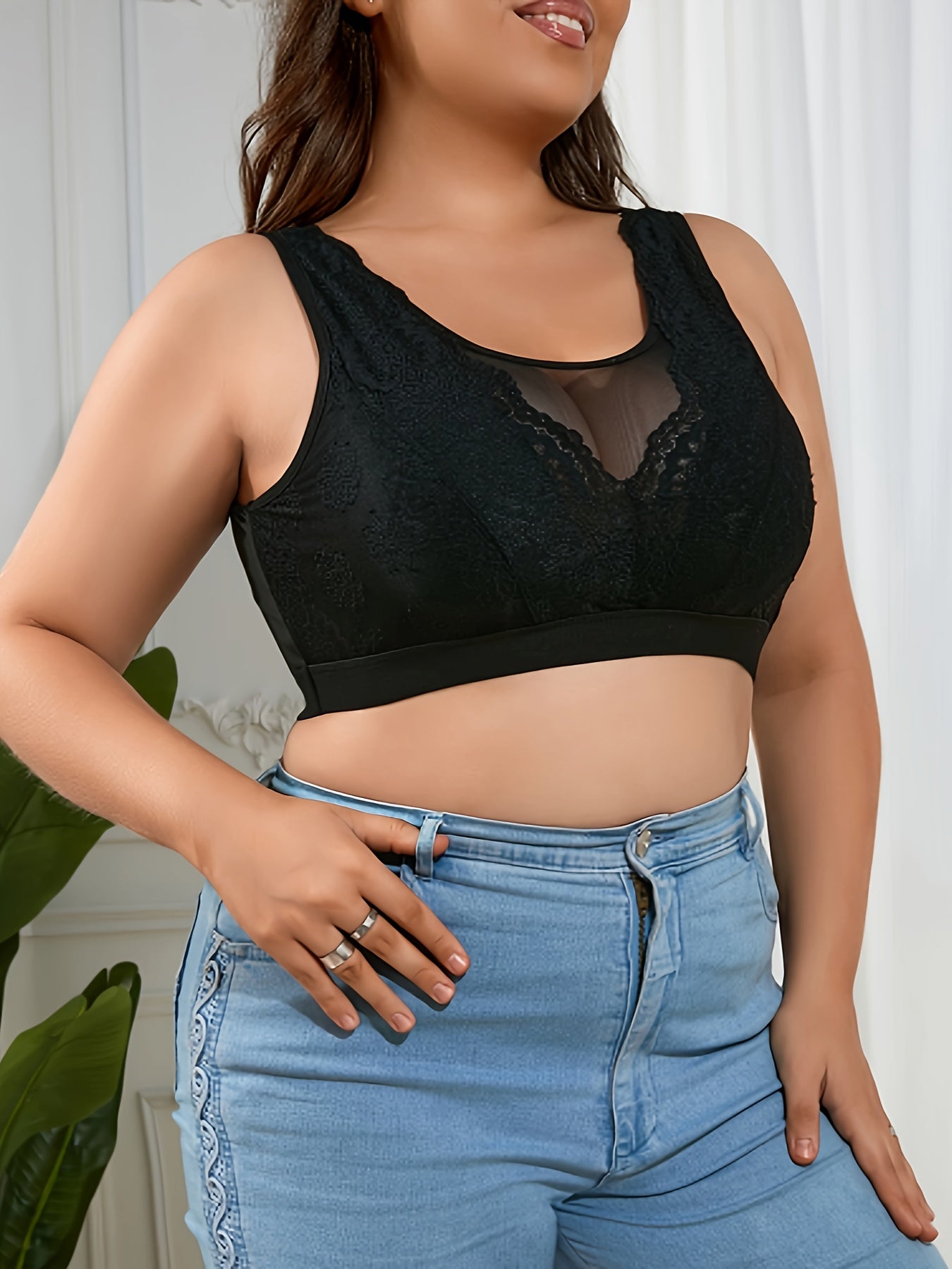 Plus o'lchamli ayollar uchun gul naqshli korsetti mesh yarim shaffof bra