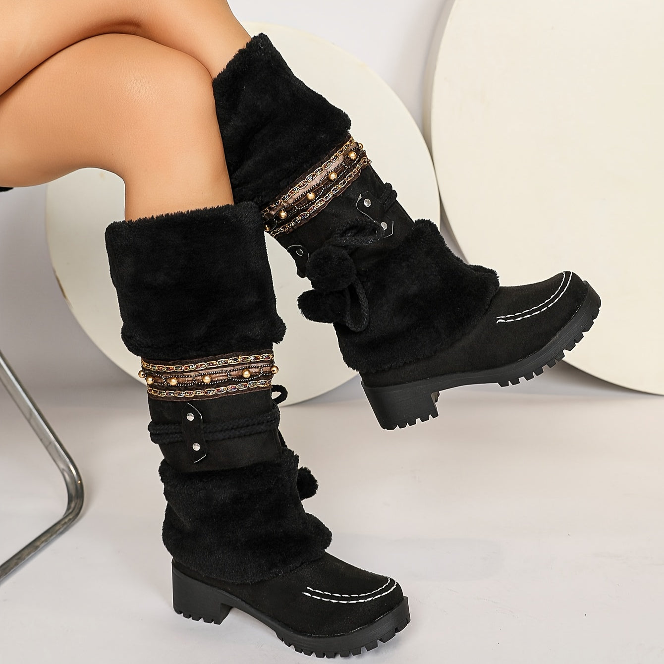 Women's Bohemian Faux Fur-Lined Winter Snow Boots with Beaded Accents Black
