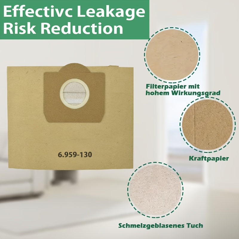 7 ta ikki maqsadli nam va quruq vakuum sumkalari Karcher modellari 6.959-160, MV1, NT18, WD3200, SE4001, A2200 bilan mos keladi - yuqori samarali chang tozalash va mopping uchun ikki qatlamli filtratsiya tizimi mavjud.