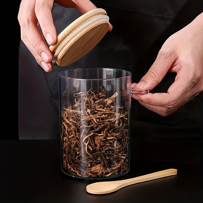 Airtight Glass Storage Jar with Bamboo Lid and Spoon for Kitchen Spices Rice Coffee Candies