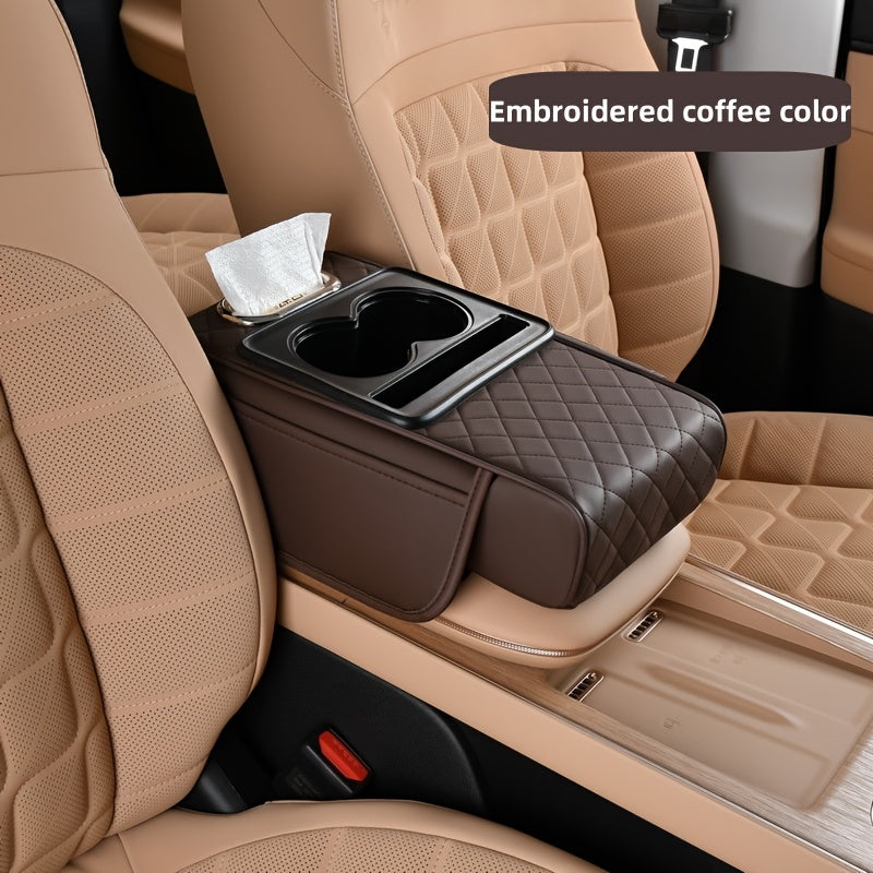 Multi-Color Car Armrest Cushion with Tissue Box and Cup Holder Faux Leather Storage