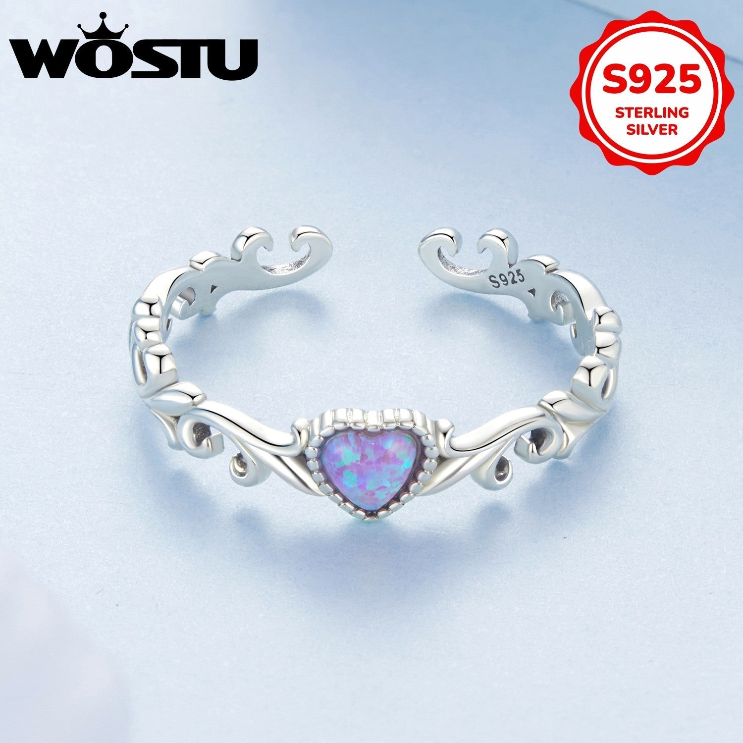 Sterling Silver Bohemian Heart-Shaped Floral Ring with Synthetic Opal for Women