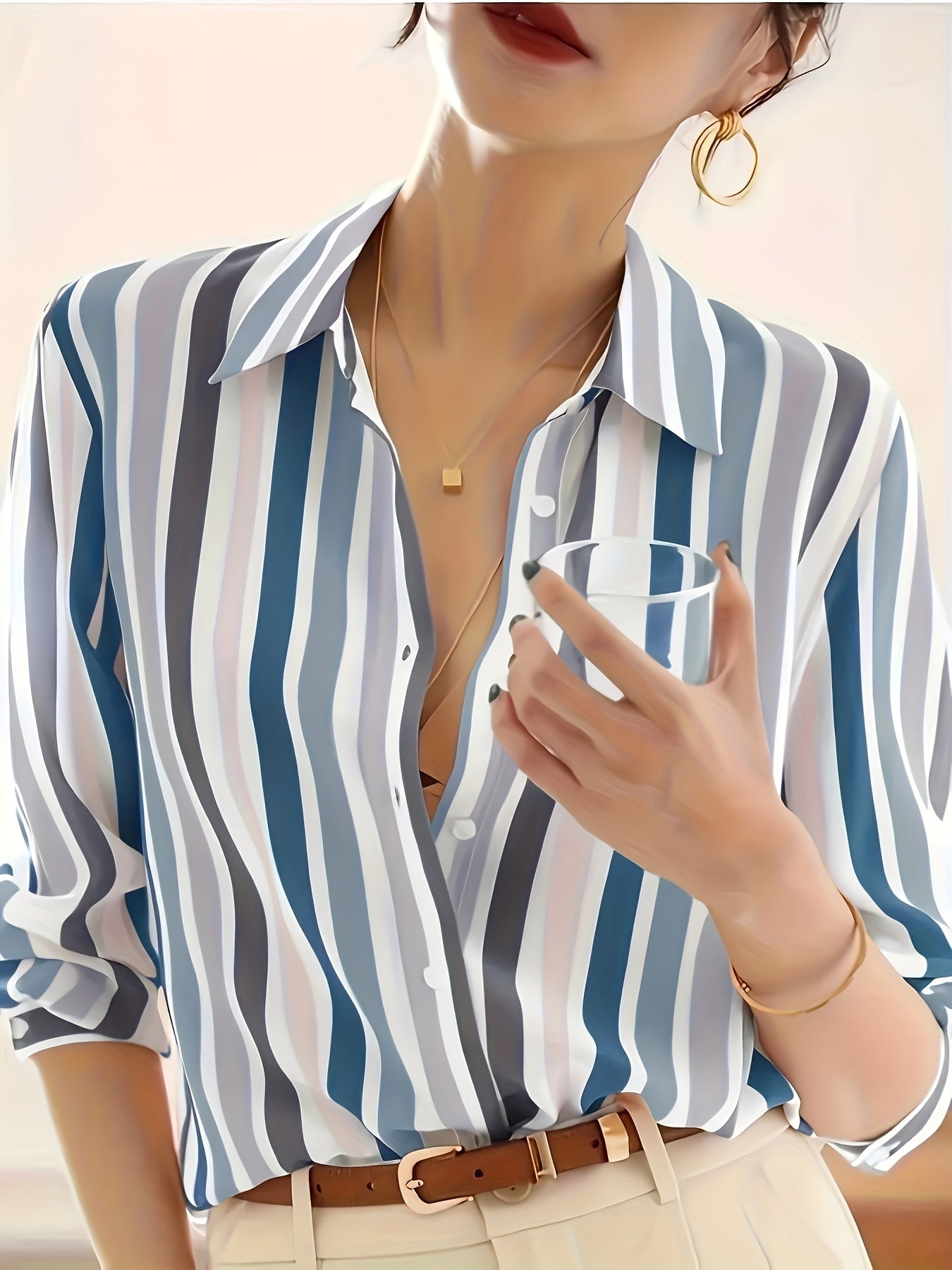 Women's Striped Woven Polyester Shirt with Lapel Collar Long Sleeves Casual Spring Summer Fall