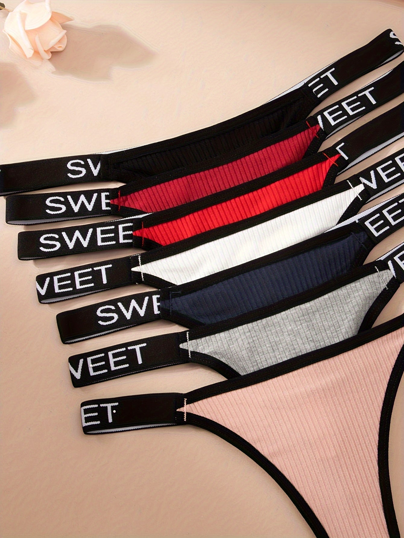 7pcs Women's Letter Tape Contrast Binding Thongs Comfortable Stretch Lingerie