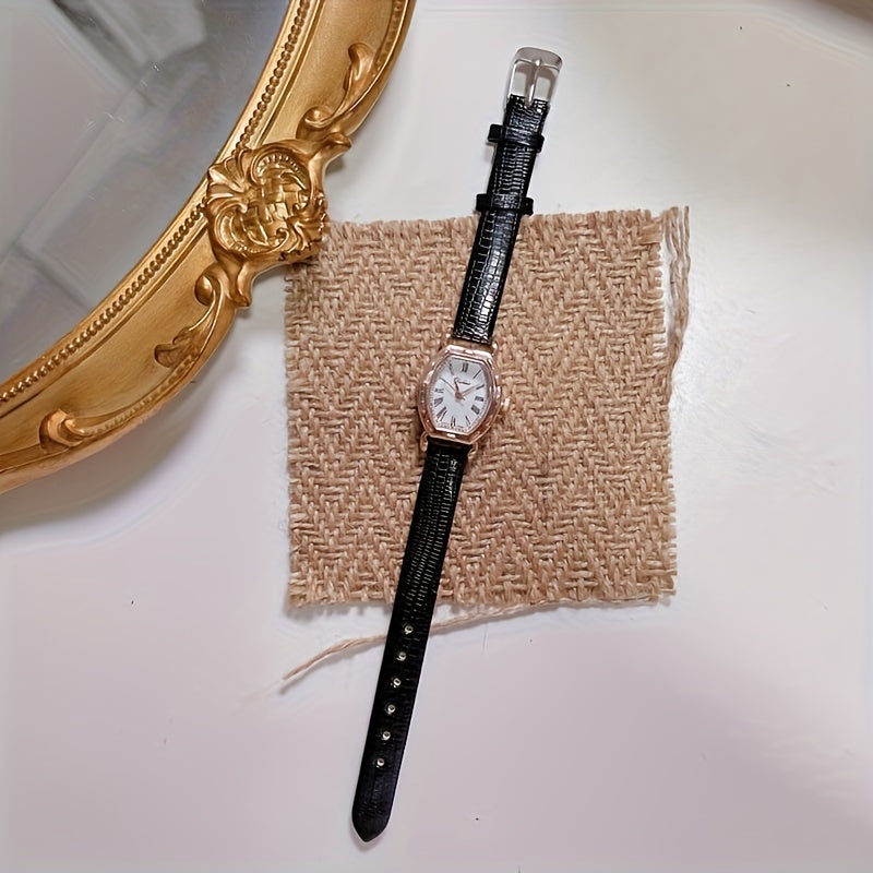 Vintage Oval Wrist Watch with Petite Artistic Dial and Brown Leather Strap