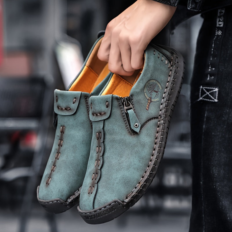 Men's Leather Zipper Loafers Slip-On Casual Shoes for Spring Summer Non-Slip Round Toe