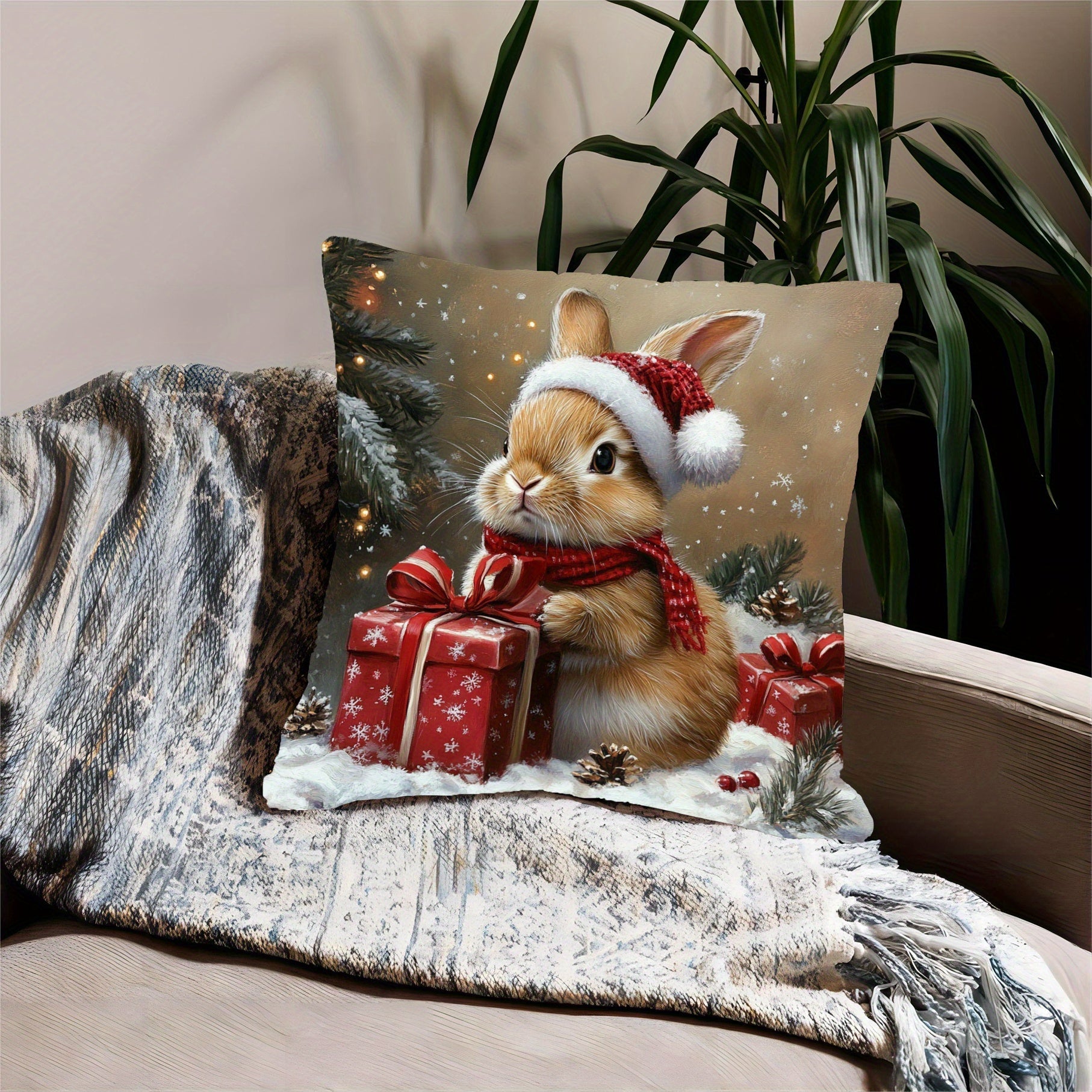Short Plush Decorative Pillow 45.72cm Brown Rabbit Christmas Sofa Bedroom Decor