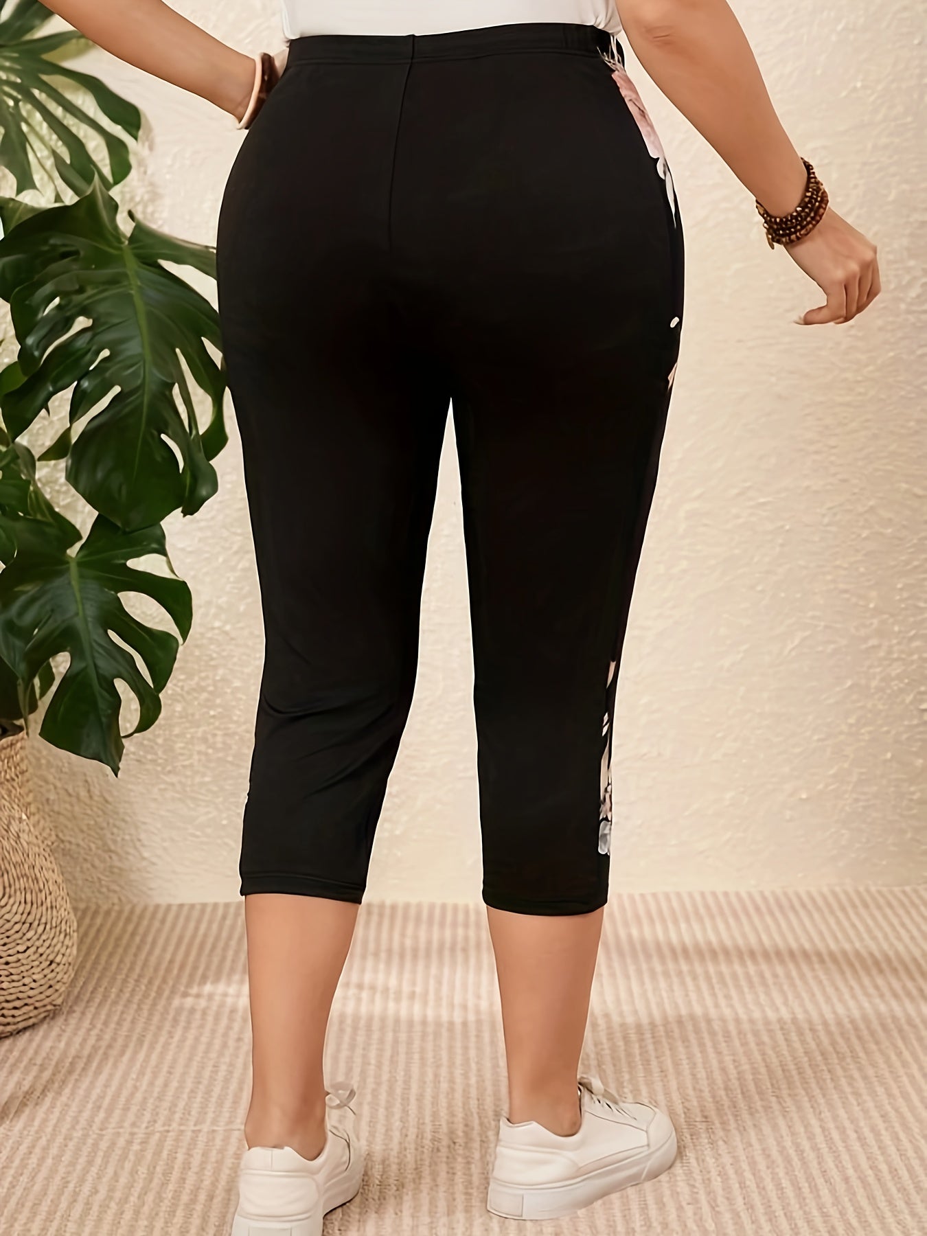 Women's Floral Print High-Waist Capri Leggings Stretchy Non-See-Through