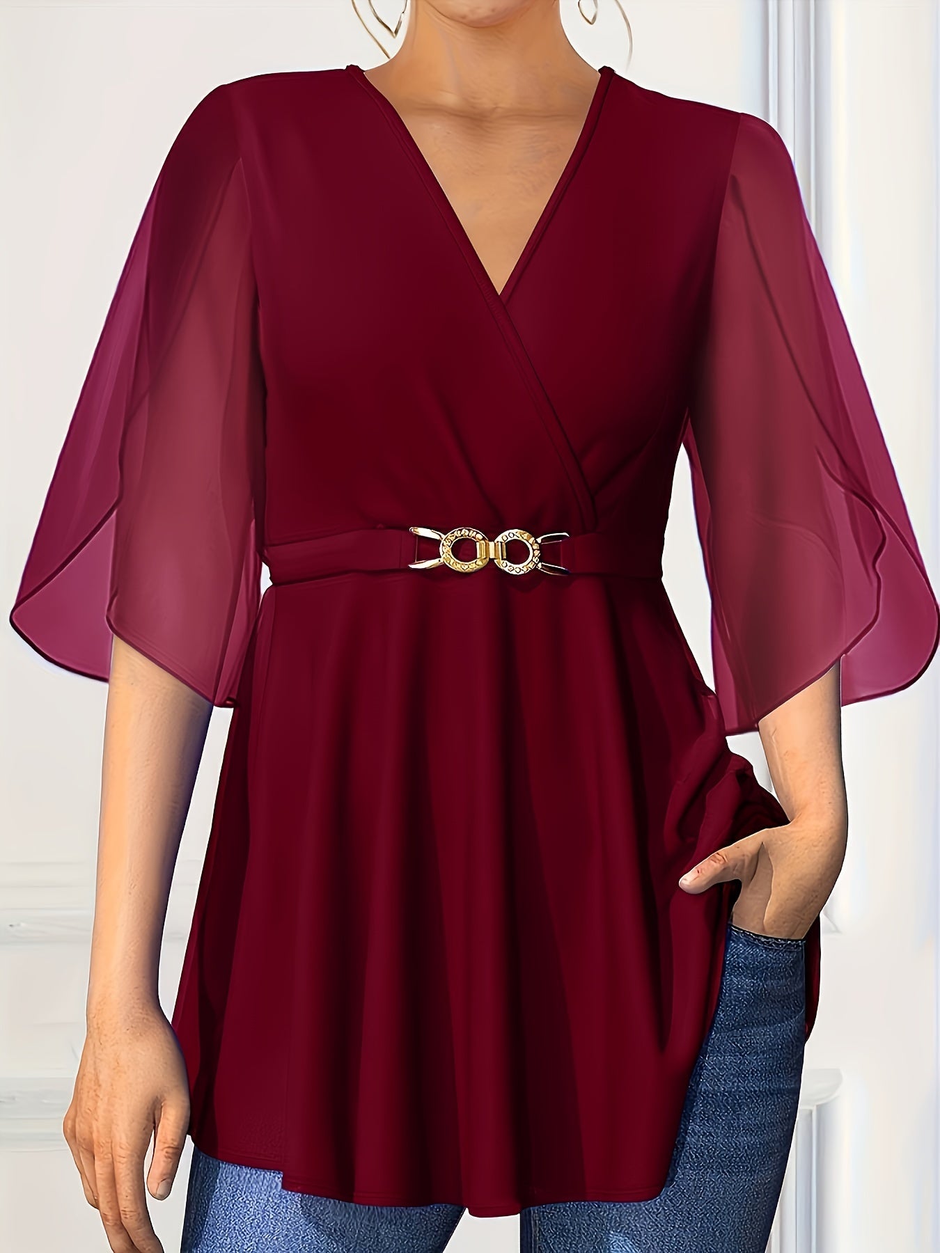 Women's Chiffon V-Neck Summer Top with Cinched Waist