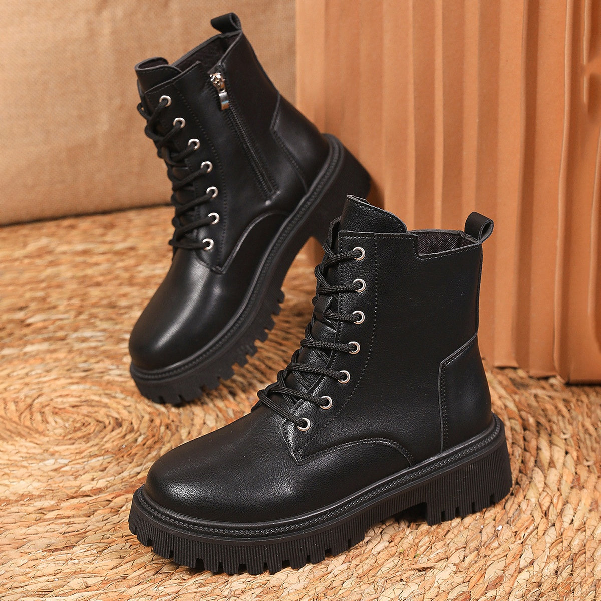 Women Black Platform Combat Boots Lettte Ankle Lace-Up Round Toe