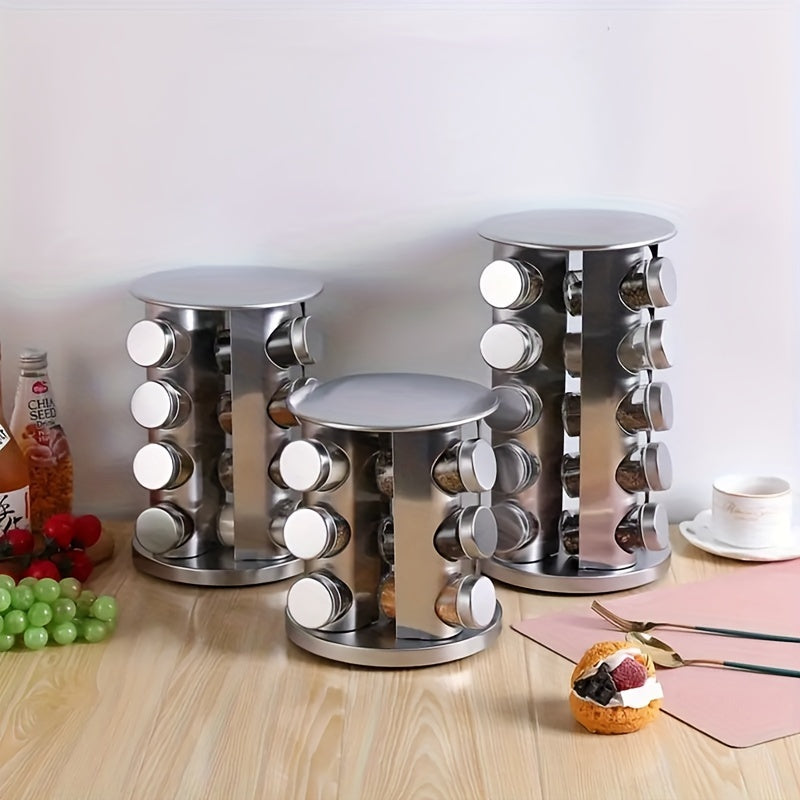 Круглосуточная вращающаяся стойка для специй из нержавеющей стали, вмещает 12-20 банок с этикетками и воронкой