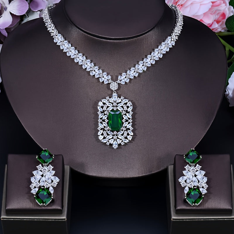 "Royal French-Style Jewelry Set with Synthetic Zirconia, 3 Pieces: Copper Pendant Necklace and Dangle Earrings. Perfect for Weddings and Banquets, All-Season Elegant Accessory. Super Noble Red Design with Large Pendant, Ideal for Dinner Dresses."