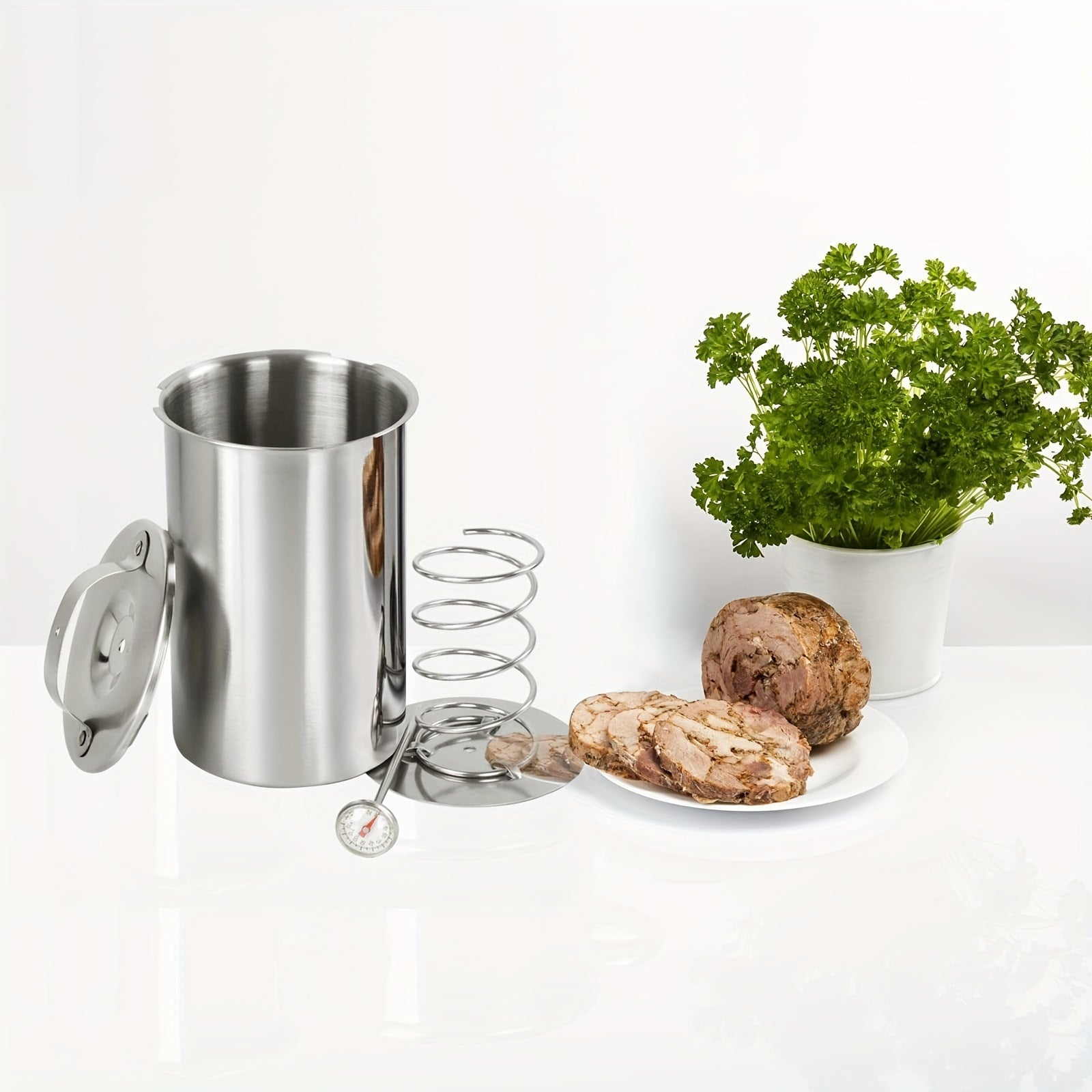 Stainless Steel Meat Smasher with Built-in Thermometer and Pressing Bucket