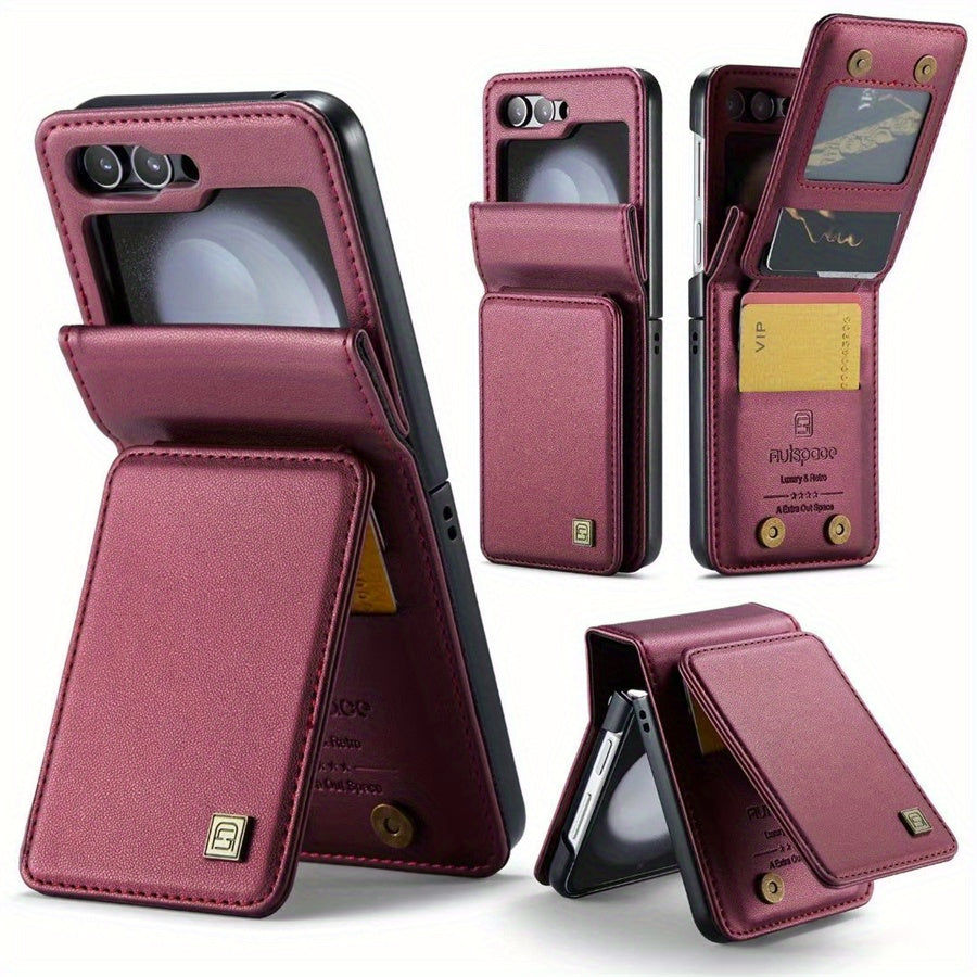 Leather Phone Case for Samsung Z Flip6 and Z Flip5 with Card Slot Drop Protection