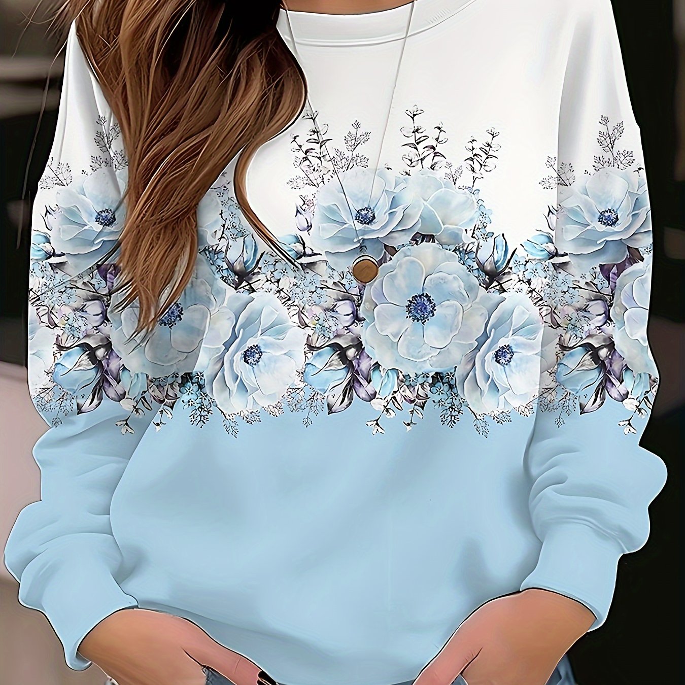 Women's Floral Print Pullover Sweatshirt Pink White Long Sleeve Fall Winter Top