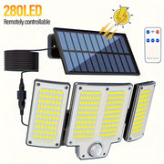 Outdoor Solar Flood Lights with Motion Sensor Remote Control 3 Modes 3-Head Yard Porch Garage