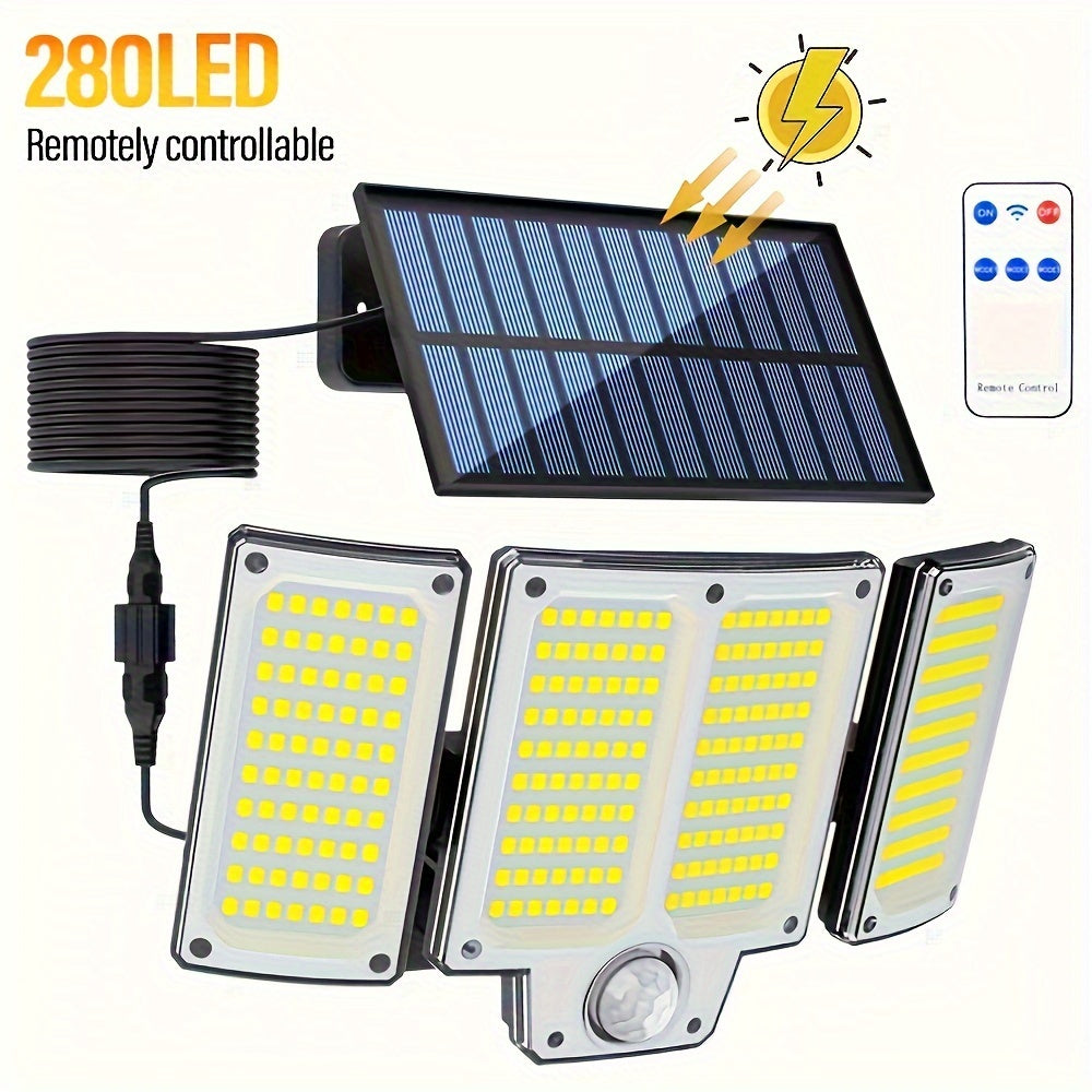 Outdoor Solar Flood Lights with Motion Sensor Remote Control 3 Modes 3-Head Yard Porch Garage