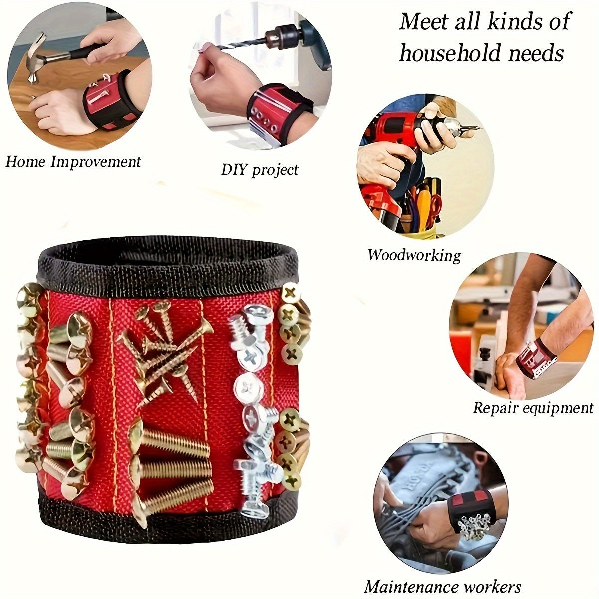 Magnetic Wristband for Screws Nails and Drills Red Fabric Tool Holder