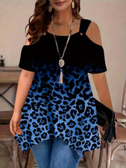 Women’s Off-Shoulder Short Sleeve Top Gradient Purple Black Leopard Print