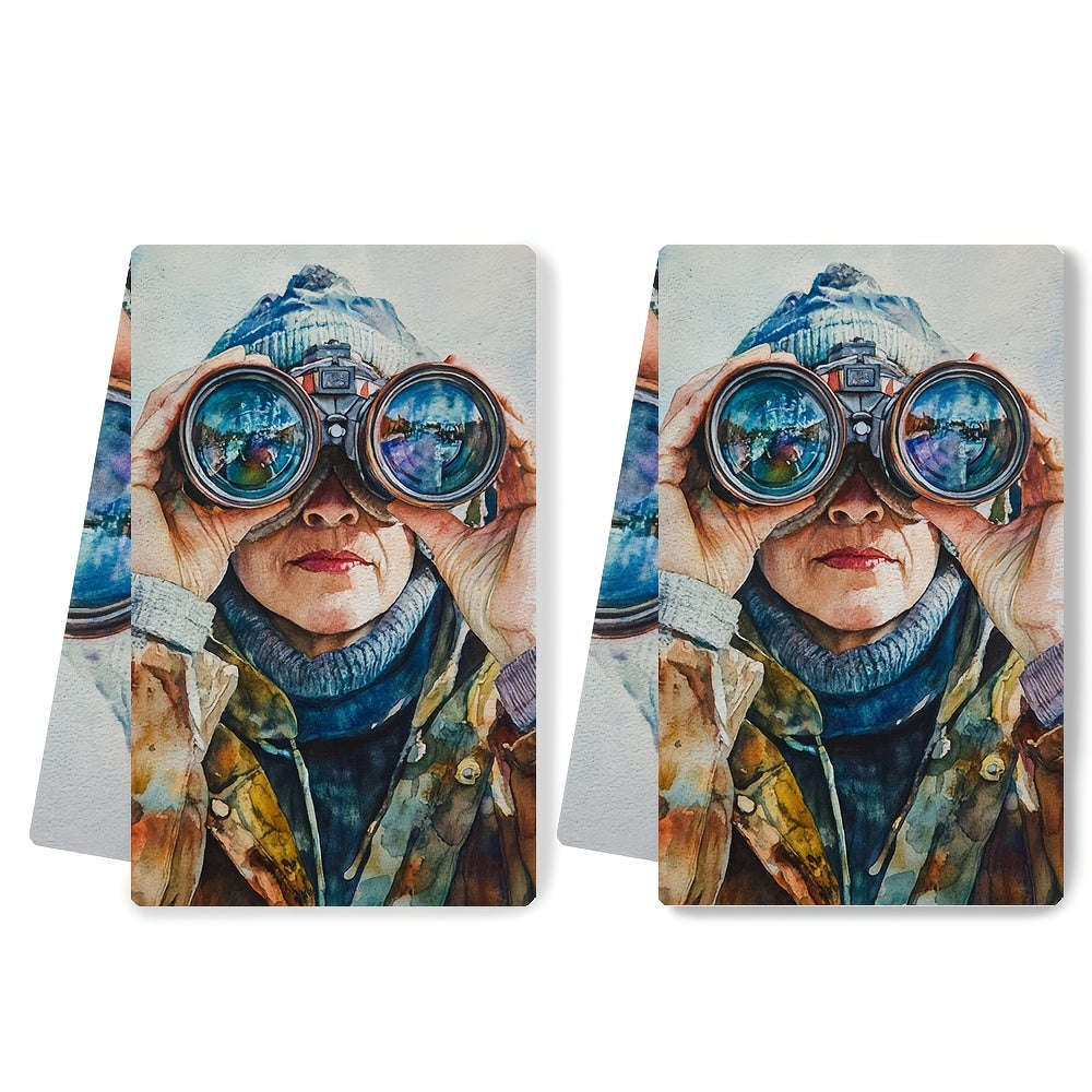 Set of 2 Ultra Soft Kitchen Towels Binoculars Scene Absorbent Dish Towels 16x24 Inches