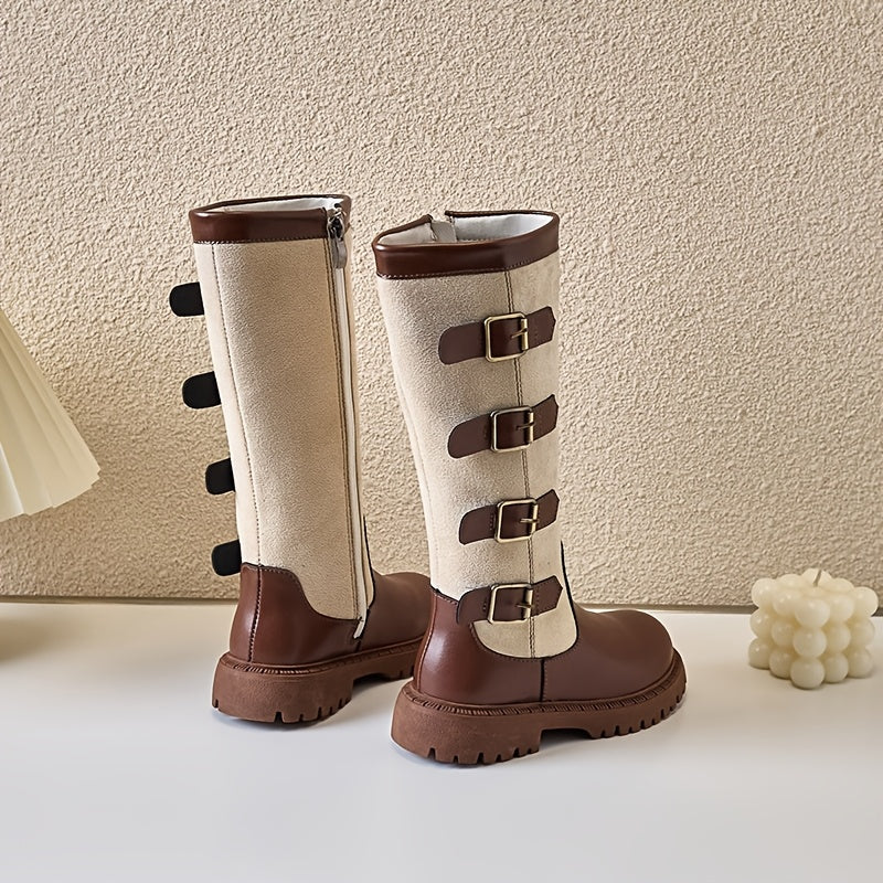 Girls Knee-High Zipper Boots with Rubber Sole for Autumn and Winter