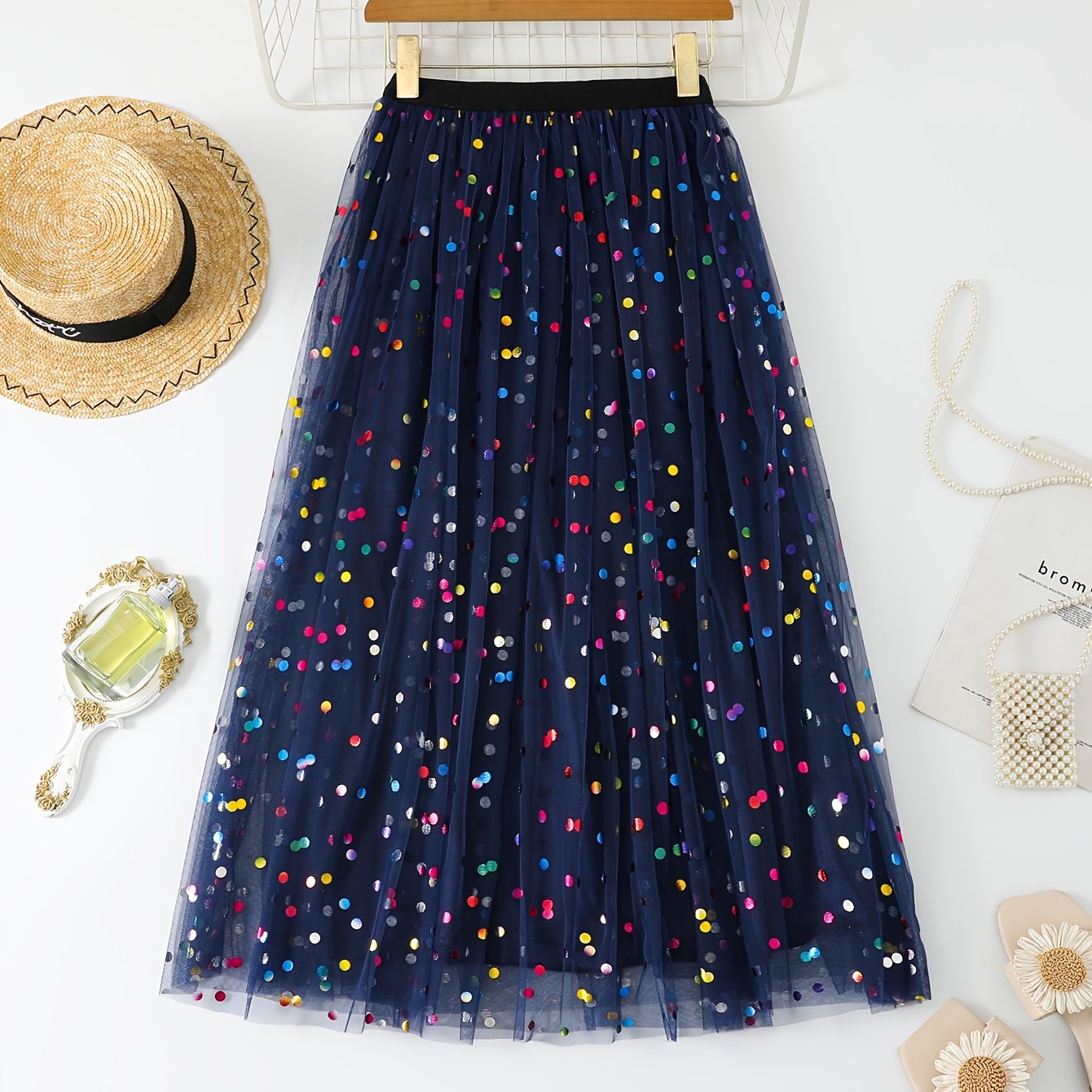 Women's Pleated Knit Skirt with Contrast Mesh Polyester Spring Summer Fall