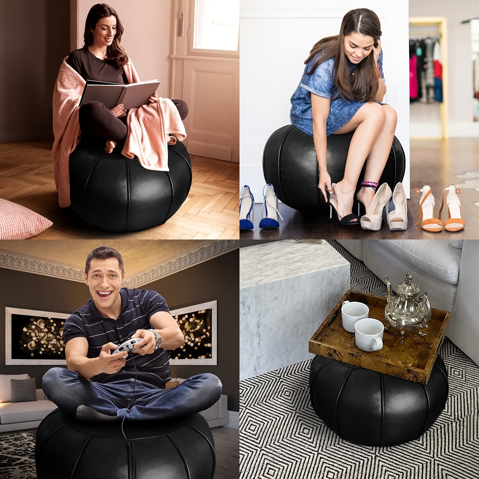 Handmade Moroccan Style Faux Leather Ottoman Pouf Cover Soft Storage Seat Cushion